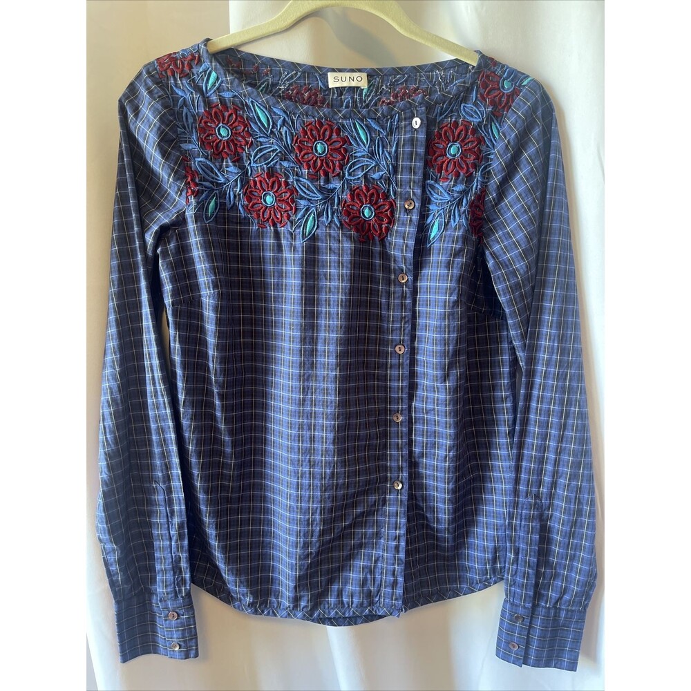 SUNO Embroidery Plaid Long Sleeve Cotton Button Up Top